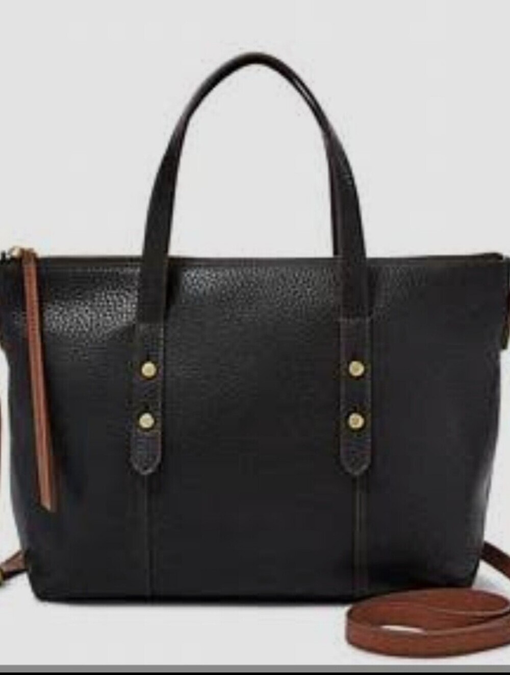 Fossil Black Pebbled Leather Satchel with Brown Strap Accent